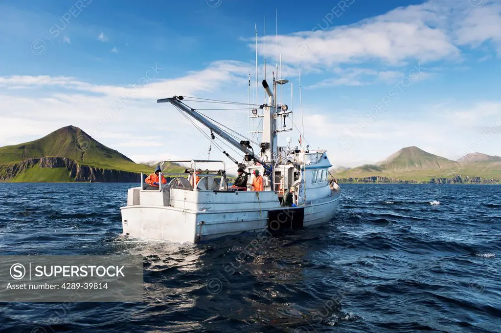 The F/V Lucky Dove commercial halibut fishing in Ikatan Bay near False Pass on Unimak Island, Southwest Alaska.