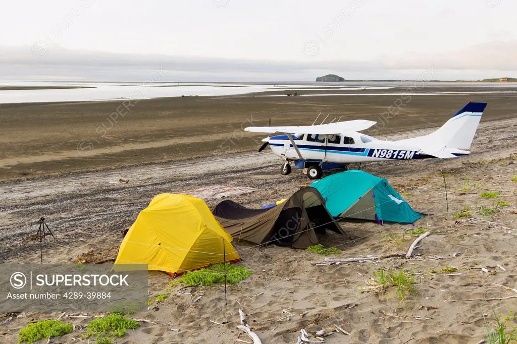 Visitors camp in Hallo Bay, Katmai National Park, Alaska Peninsula, Southwest Alaska, summer.