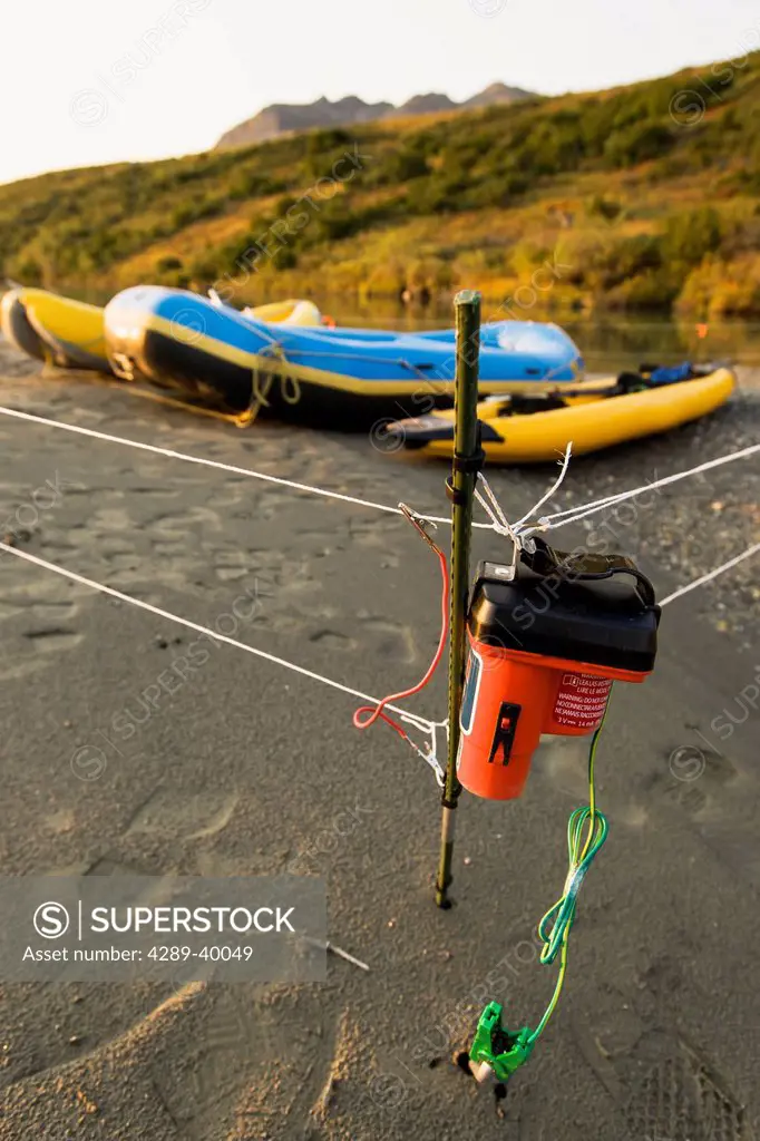 Rafts on shore of Noatak River in the Brooks Range, Gates of the Arctic National Park, Northwestern Alaska, above the Arctic Circle, Arctic Alaska, su...