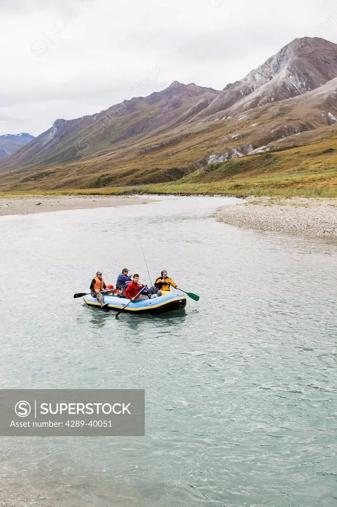 Rafters on Noatak River in the Brooks Range, Gates of the Arctic National Park, Northwestern Alaska, above the Arctic Circle, Arctic Alaska, summer.