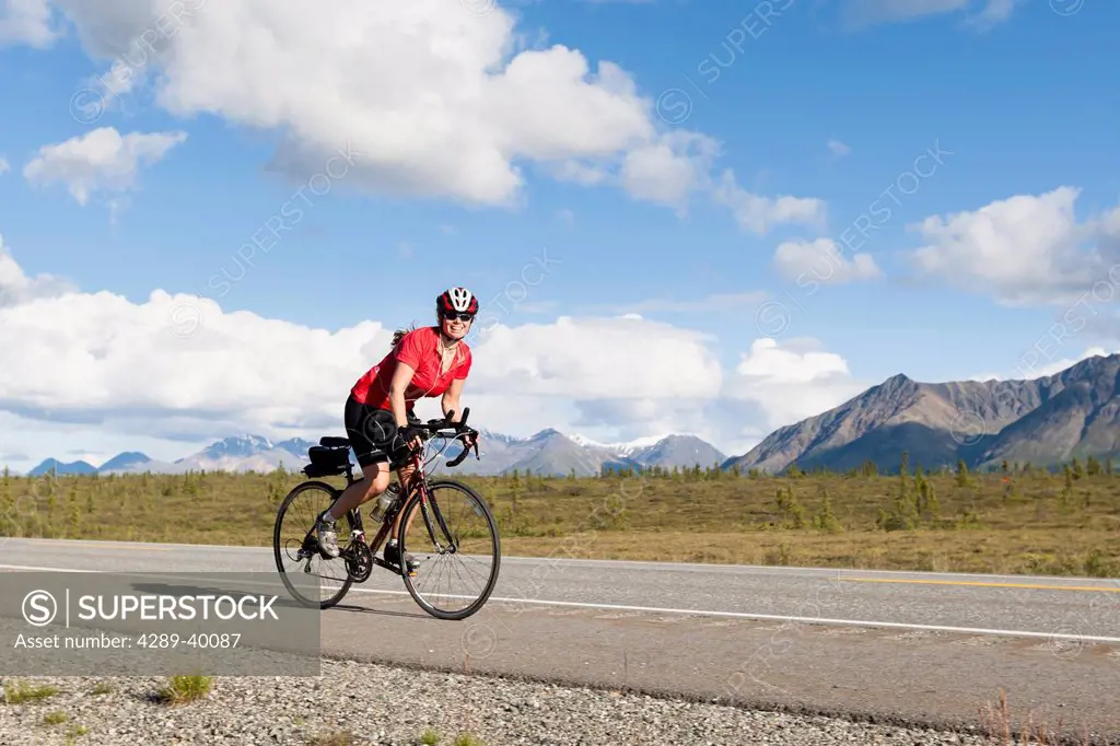 Road biking Broad Pass, George Parks Highway, Alaska Range, Interior Alaska, summer.