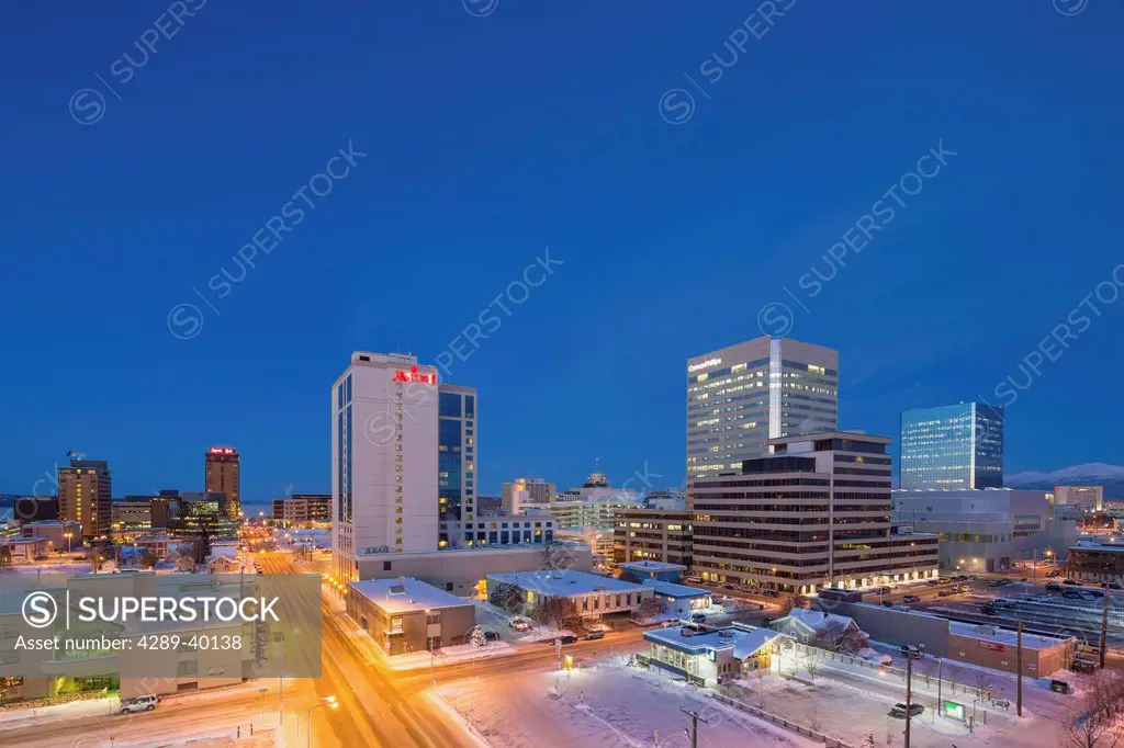 Elevated view of the Downtown Anchorage Skyline at twilight, winter, Anchorage, Southcentral Alaska, USA.