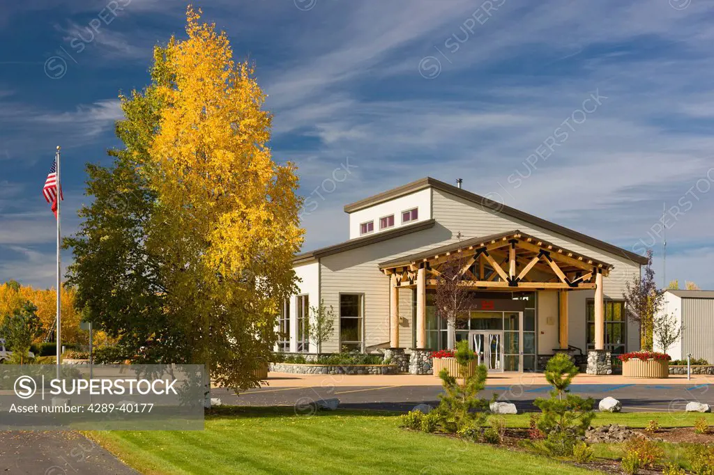 Exterior photograph of the front entrance for the Chena River Lakes District Flood Control Project Visitors Center, the Northernmost flood control pro...
