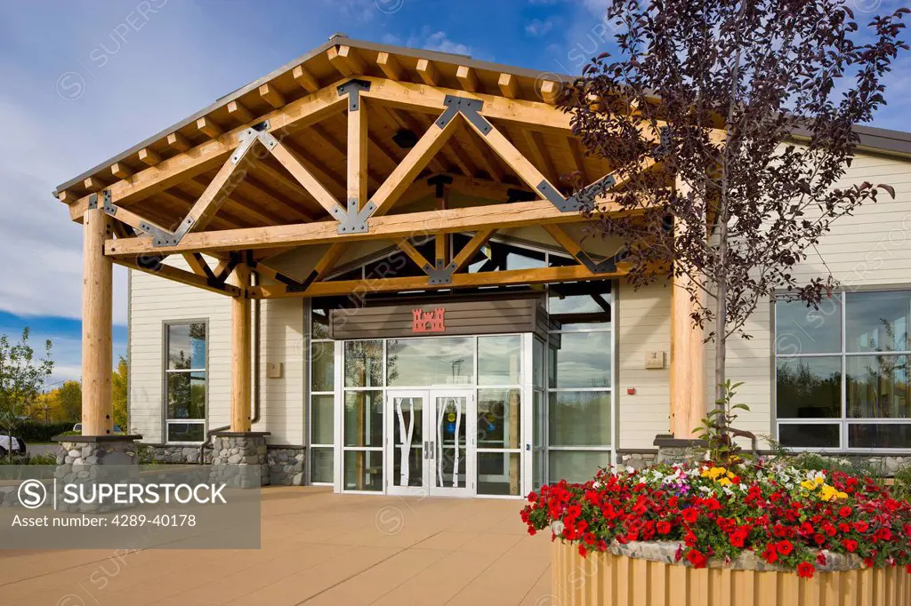 Exterior photograph of the front entrance for the Chena River Lakes District Flood Control Project Visitors Center. It is the Northernmost flood contr...