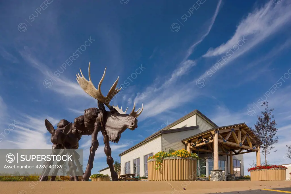 Exterior photograph of the front entrance for the Chena River Lakes District Flood Control Project Visitor Center with Moose statue. It is the Norther...