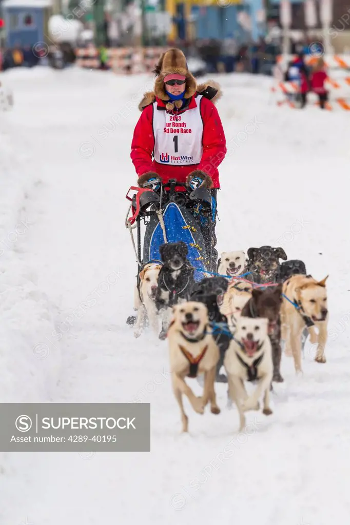 Arleigh Reynolds beginning his run and ultimately winning the the 2013 Fur Rendezvous Open World Championships on Forth Ave, Anchorage, AK.
