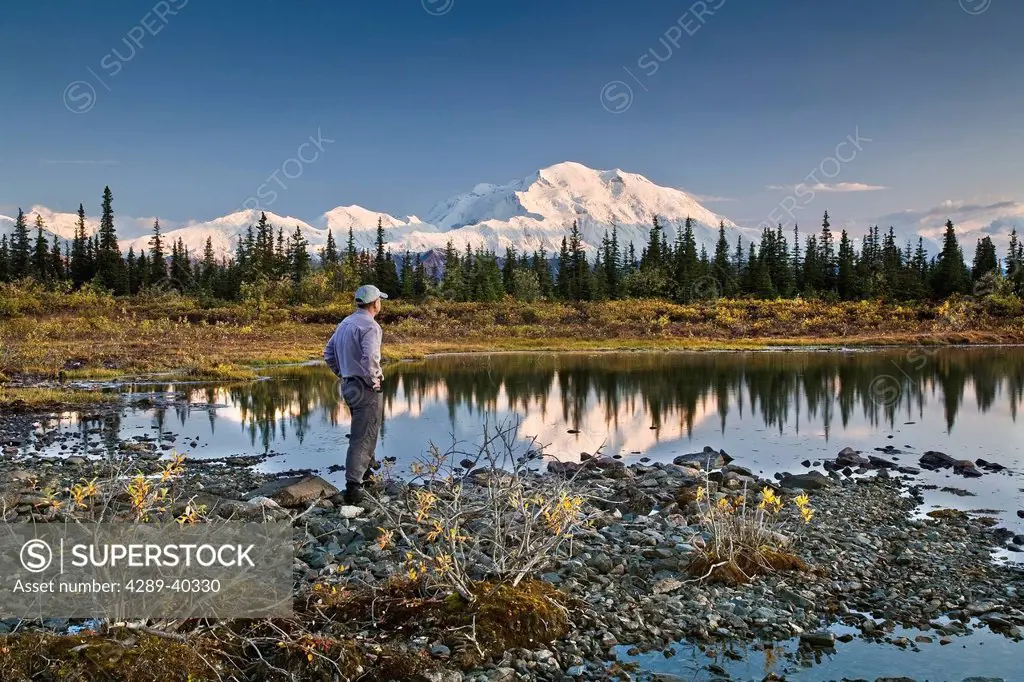 Man Stands Next To A Small Lake With Mt. Mckinley And The Alaska Range In The Background In Denali National Park, Alaska