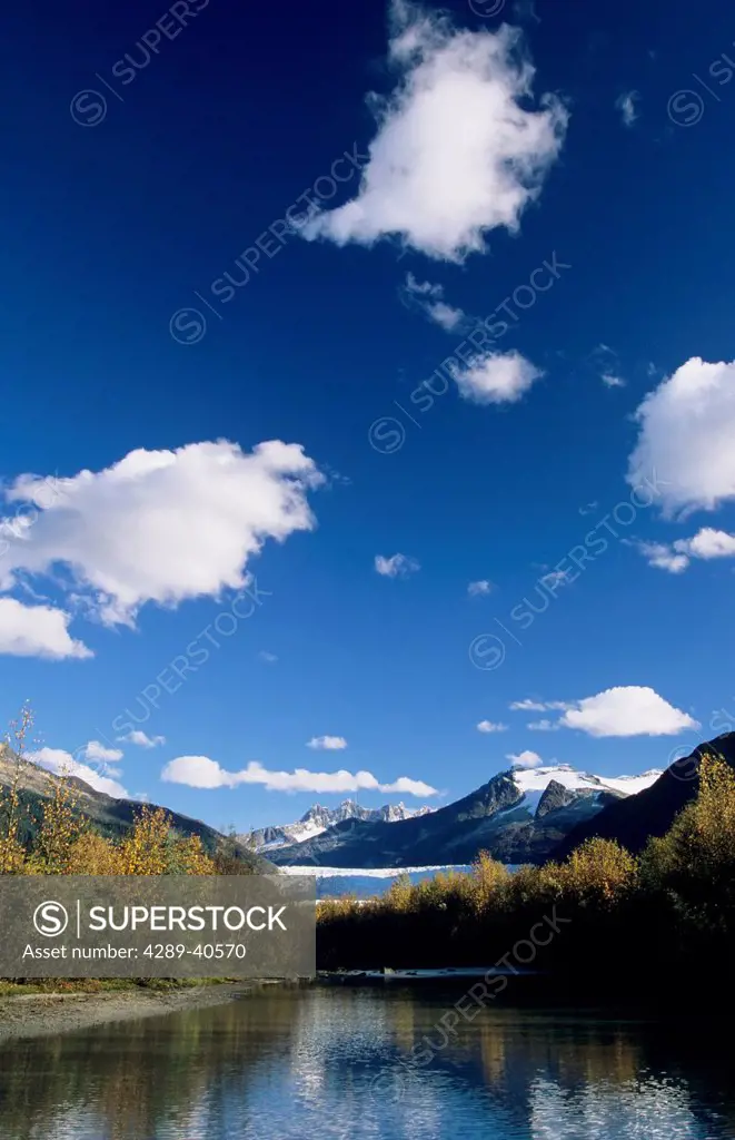 Alaska, Juneau, Mendenhall River, Mendenhall Glacier And Towers In Background.