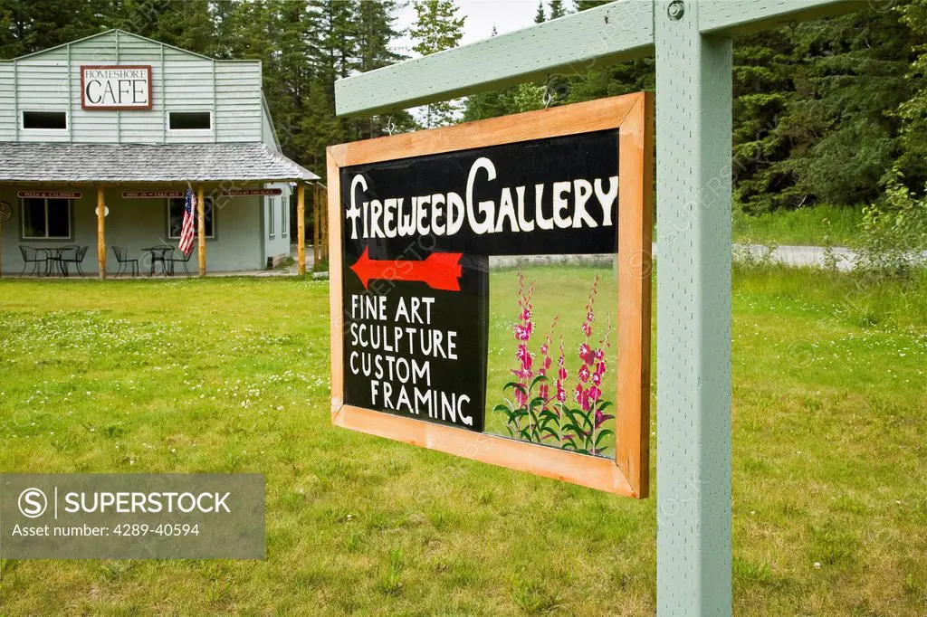 Close-Up Of The Sign For A Local Art Gallery *Fireweed Gallery* In Gustavus, Alaska During Summer