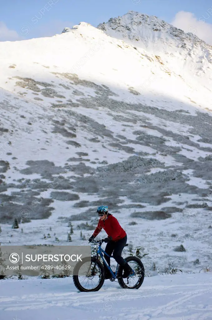 Woman Riding A Fat Tire Fatback Snow Bike In Winter, Glen Alps Area, Chugach Mountains, Anchorage, Southcentral Alaska