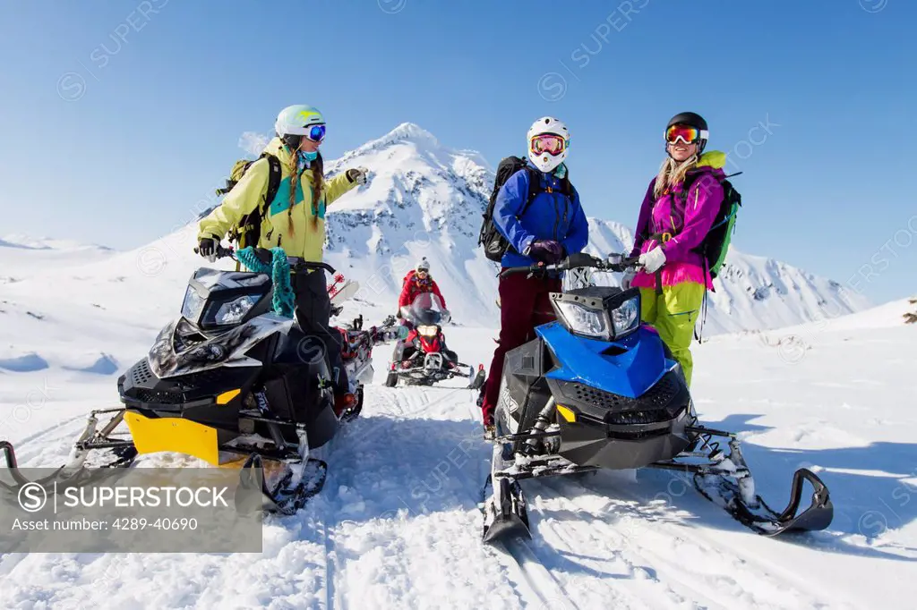 Lynsey Dyer, Sierra Quitiquit, Lauren Georgelos And Lizet Christiansen On Their Snowmobiles Ready For Some Backcountry Skiing In The Chugach Mountains...