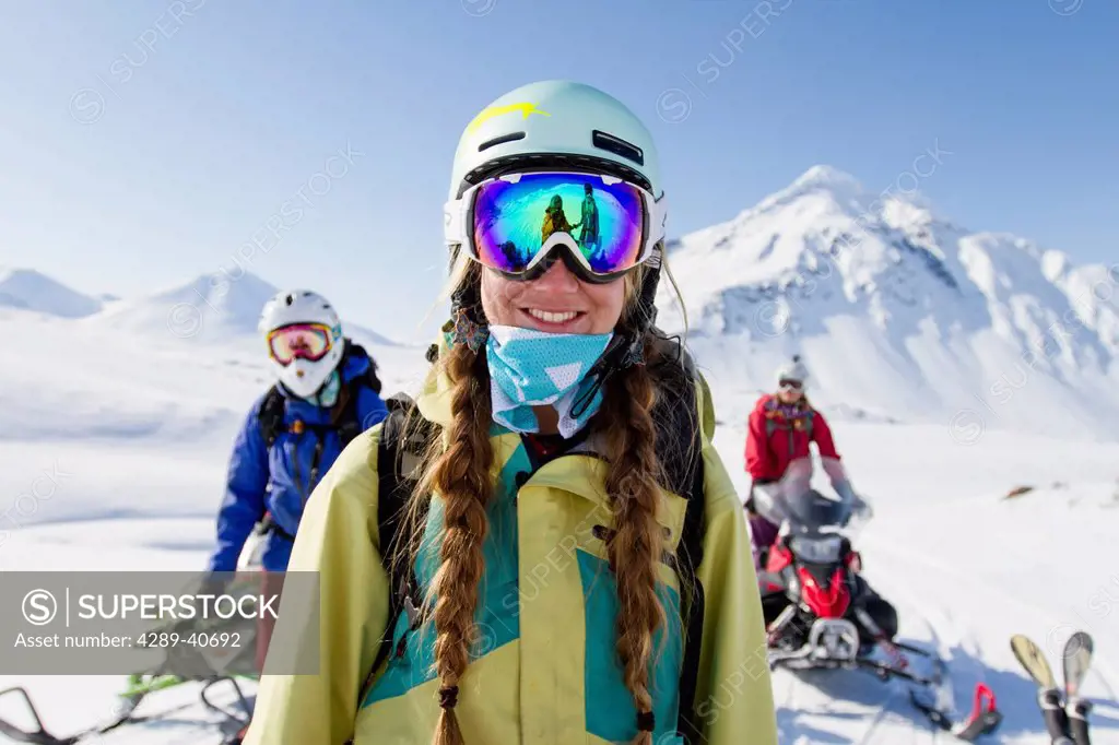 Sierra Quitiquit And Friends Ready For Some Backcountry Skiing By Snowmachine In The Chugach Mountains, Late Winter, Southcentral Alaska.