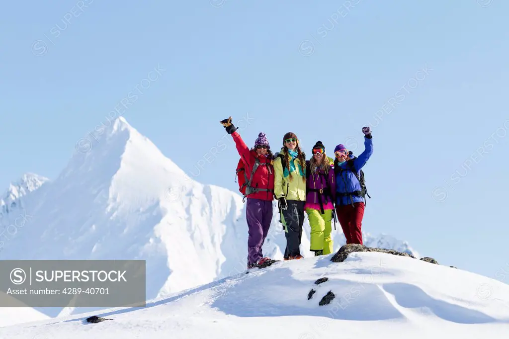 Lizet Christiansen, Sierra Quitiquit, Lyndsey Dyer And Lauren Georgelos Hanging Out In The Chugach Mountains While Backcountry Skiing By Snowmobile, L...
