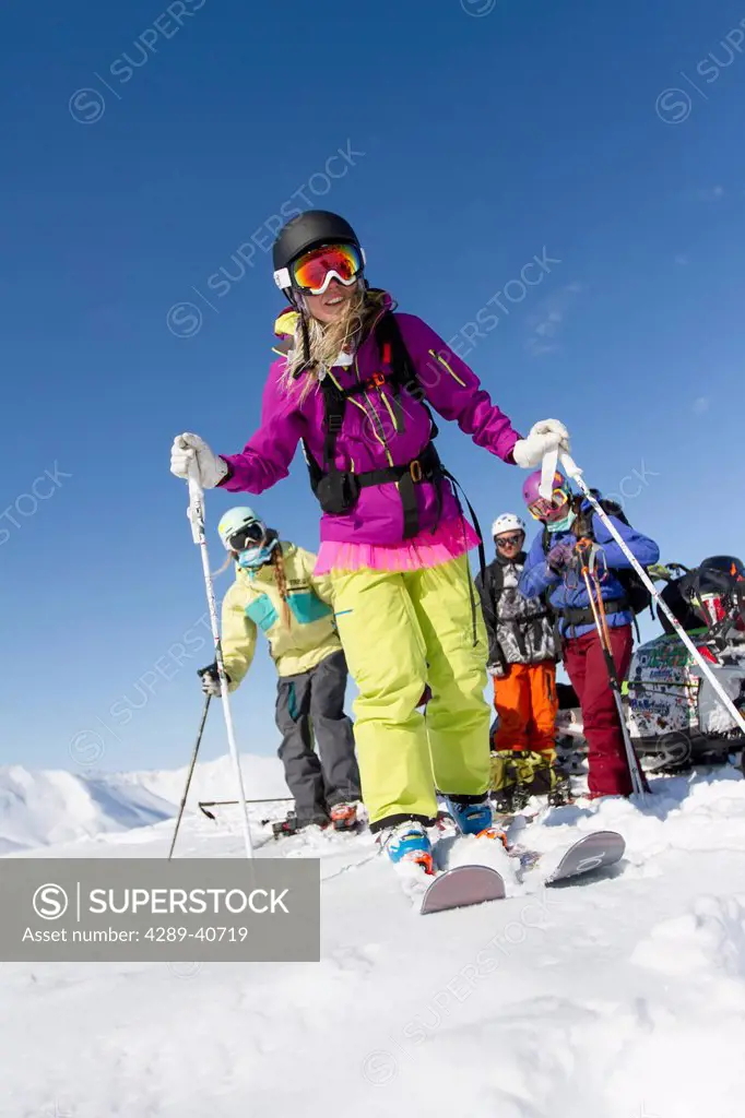 Lynsey Dyer And Friends Getting Their Skis On, Ready For Some Backcountry Skiing In The Chugach Mountains In Late Winter, Southcentral Alaska.