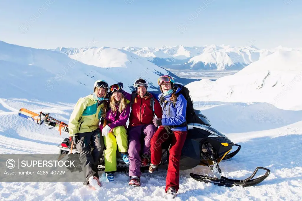 Lynsey Dyer, Lizet Christiansen And Lauren Georgelos Hanging Out While Backcountry Skiing In The Chugach Mountains With Turnagain Arm In The Backgroun...