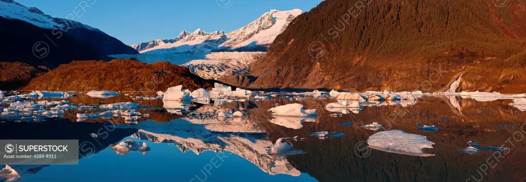 Icebergs float on the surface of Mendenhall Lake near Juneau, Tongass National Forest, Southeast Alaska, Autumn
