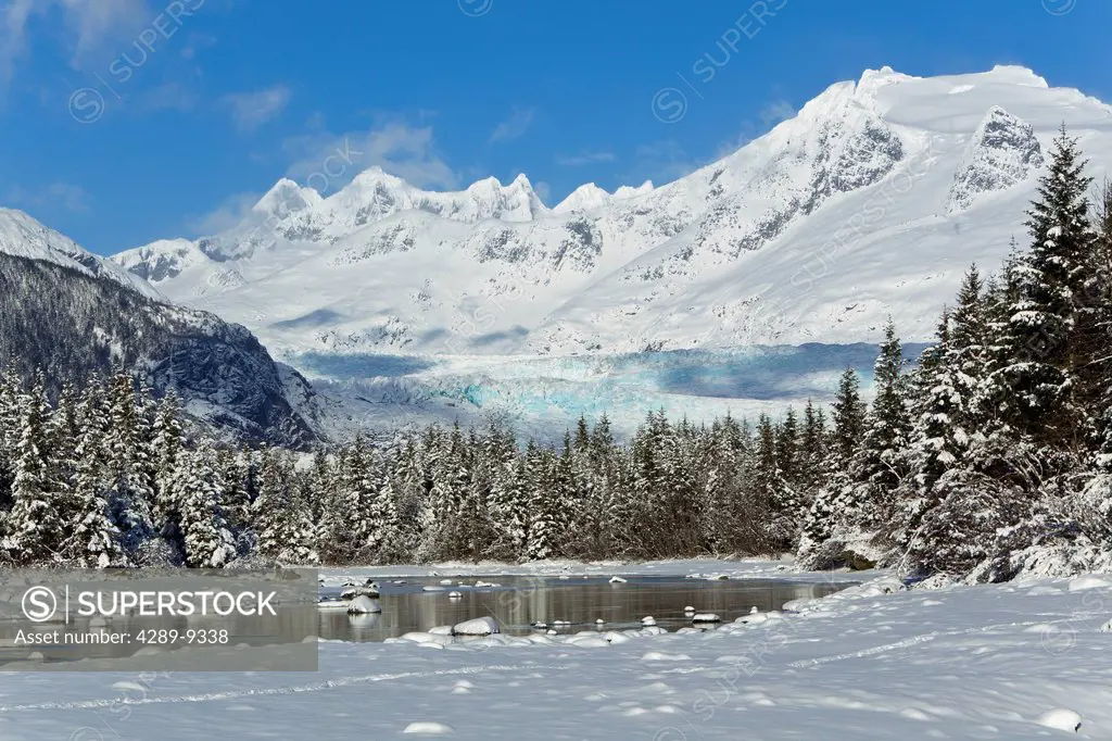 Scenic winter landscape of Mendenhall River, Mendenhall Glacier and Towers, Tongass National Forest, Southeast Alaska