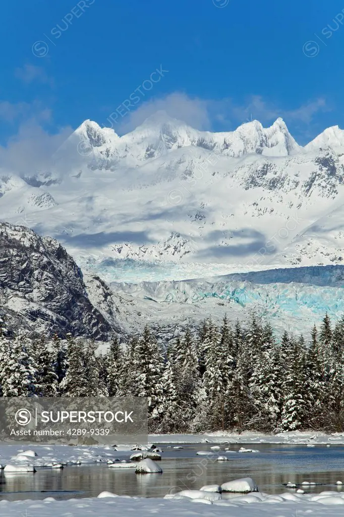 Scenic winter landscape of Mendenhall River, Mendenhall Glacier and Towers, Tongass National Forest, Southeast Alaska