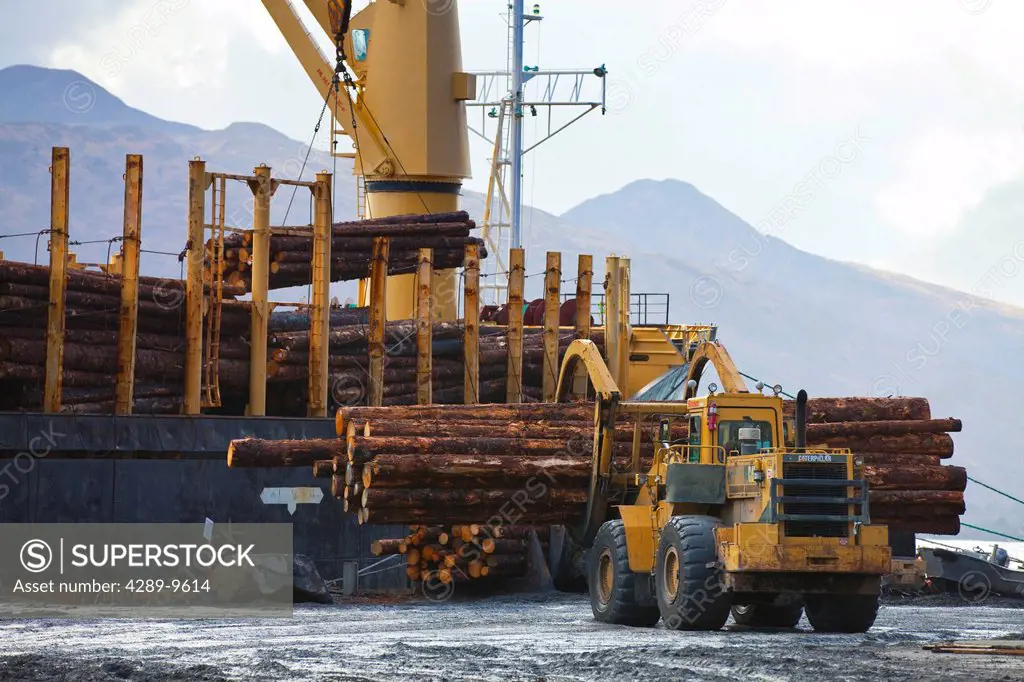 View of log ship being loaded with Sitka Spruce from Chiniak and Sequel Point at LASH dock in Women´s Bay, Kodiak Island, Southwest Alaska, Autumn