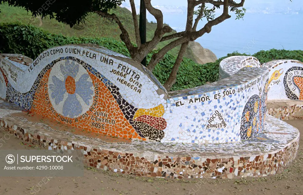 Tiled curved seat on hillside, Parque del Amor, Miraflores, Lima, Peru