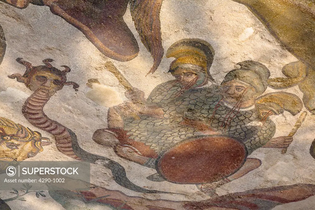 Medusa, part of Labours of Hercules mosaic in Triclinium, dining room, Villa Romana del Casale, Piazza Armerina, Sicily, Italy