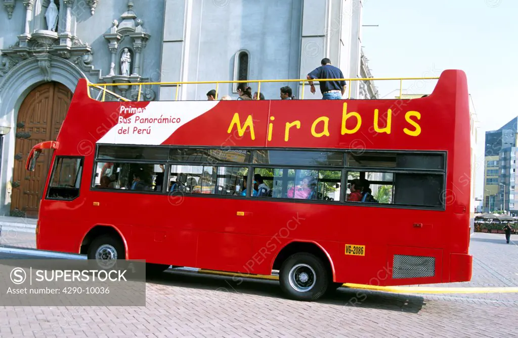 Mirabus Tourists bus parked outside Iglesia Virgen de Milagrosa, Miraflores, Lima, Peru