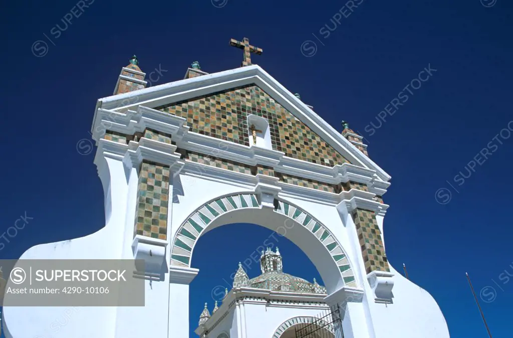 Arch in courtyard of Virgin of Copacabana Church, Copacabana, Lake Titicaca, Bolivia