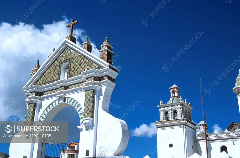 Arch and bell tower, Virgin of Copacabana Church, Copacabana, Lake Titicaca, Bolivia