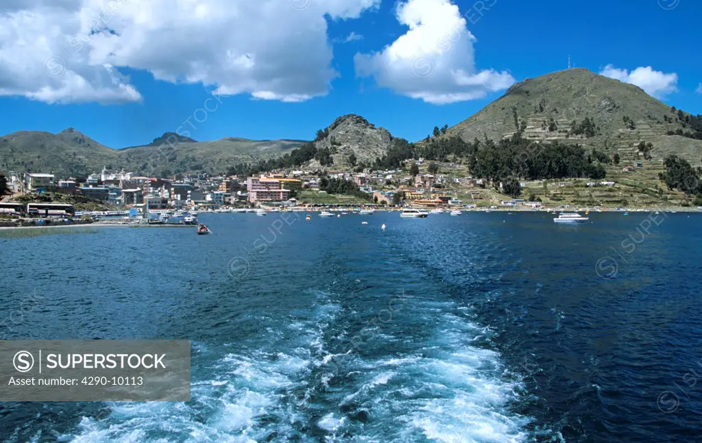 View of Copacabana town from boat on Lake Titicaca, Copacabana, Bolivia