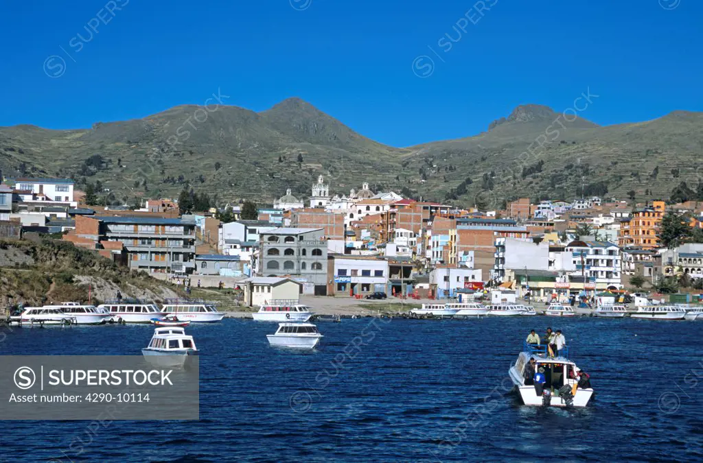 View of Copacabana town from boat on Lake Titicaca, Copacabana, Bolivia