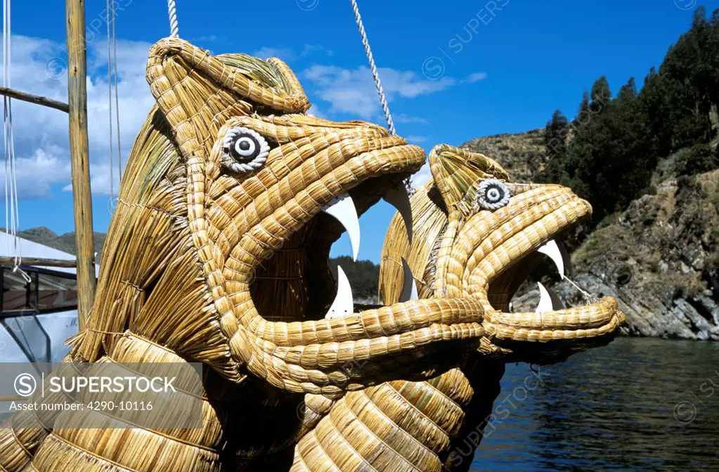 Animal heads on bow of Inti Wata reed boat on Lake Titicaca, Sun Island, near Copacabana, Bolivia