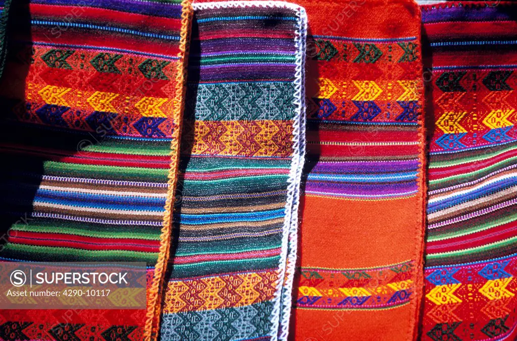 Colourful woven fabric for sale, Sun Island, on Lake Titicaca, near Copacabana, Bolivia