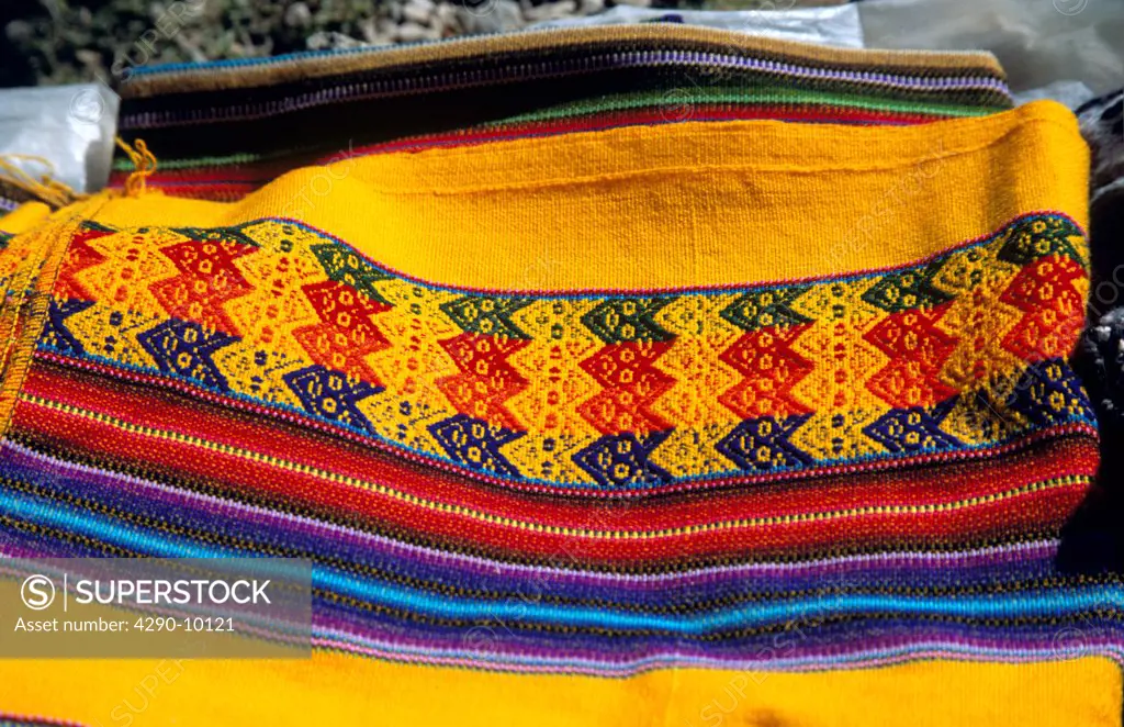Colourful woven blanket, Sun Island, Inti Wata Cultural Complex, Lake Titicaca, near Copacabana, Bolivia
