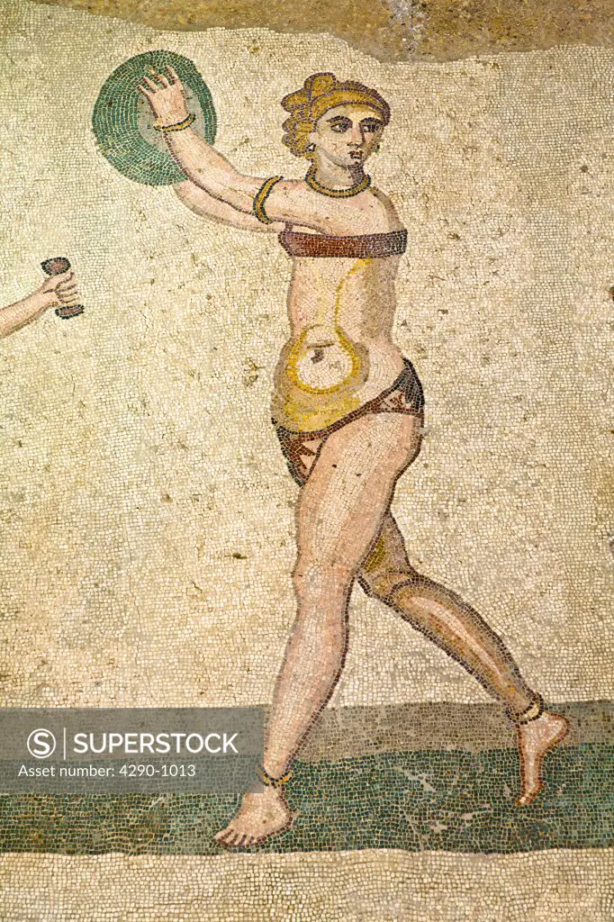 Mosaic of female gymnasts in bikinis, Hall of Female Gymnasts, Villa Romana del Casale, Piazza Armerina, Sicily, Italy