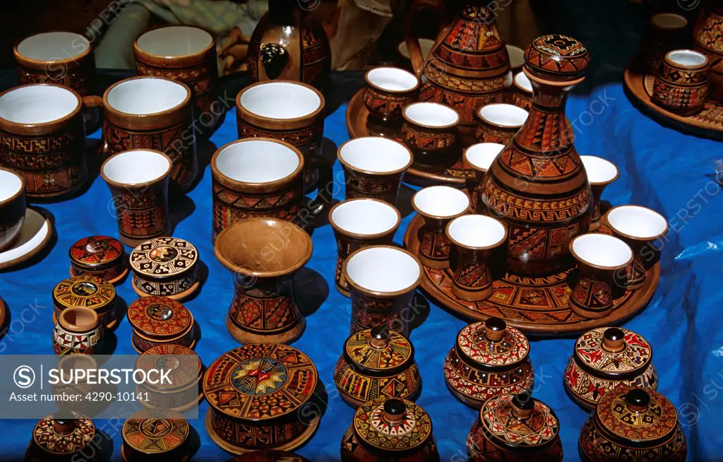 Patterned pottery gifts on stall, Pisac Market, Pisac, near Cusco, Peru
