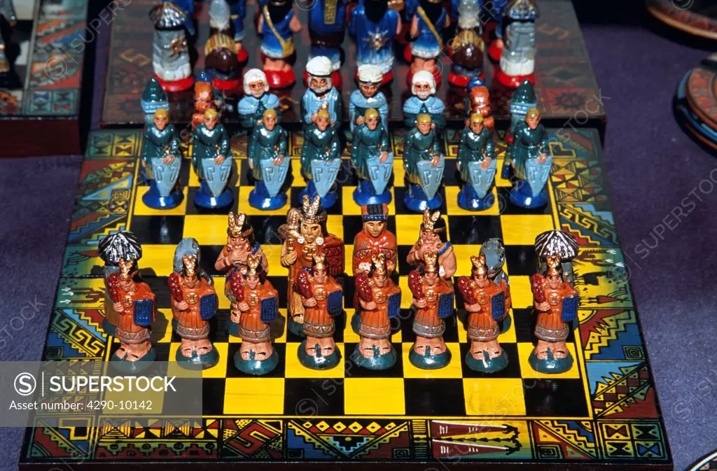 Colourful chess set outside gift shop, Pisac Market, Pisac, near Cusco, Peru