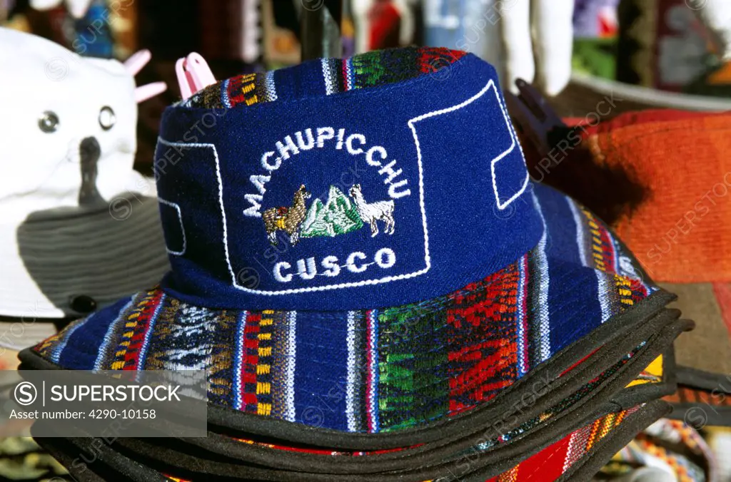 Colourful blue hat on a stall in the market, Ollantaytambo, Sacred Valley of the Incas, near Cusco, Peru