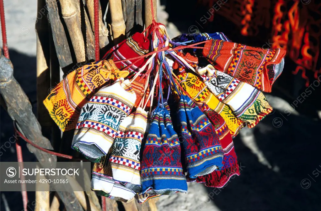 Colourful bags in the market, Ollantaytambo, Sacred Valley of the Incas, near Cusco, Peru