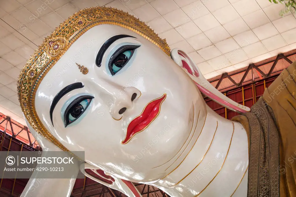 Face of reclining Buddha, Chaukhtatgyi Pagoda, Yangon (Rangoon), Myanmar, (Burma)