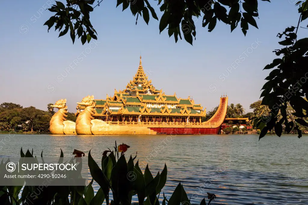 Karaweik Barge, concrete replica of the Royal Barge, Kandawgyi Lake, Yangon, (Rangoon), Myanmar, (Burma)