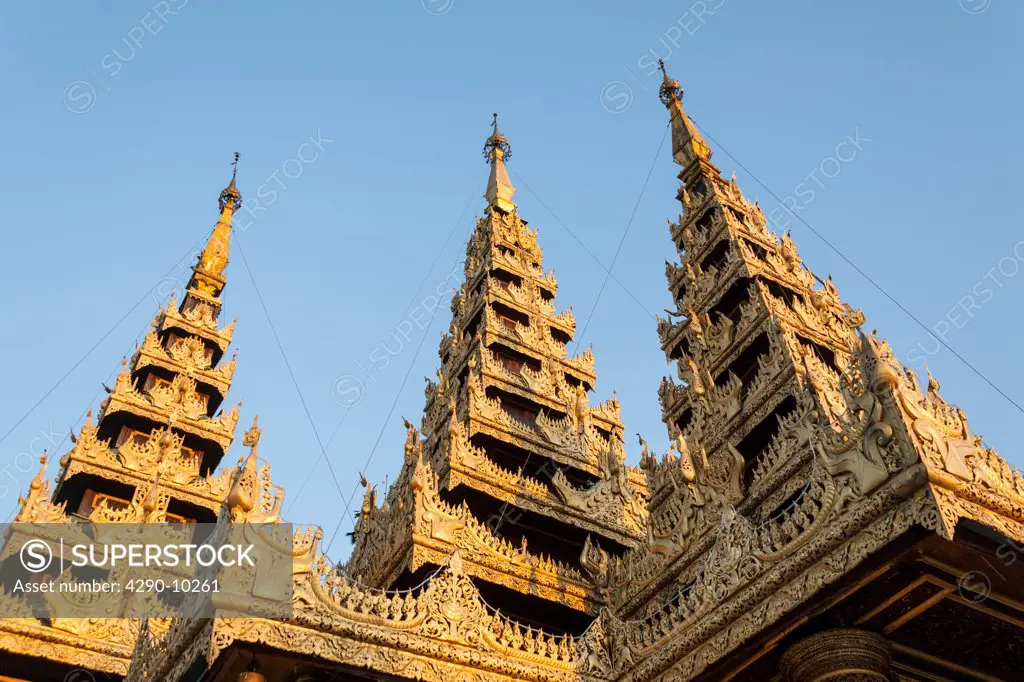 Ornate roof of a prayer hall at Shwedagon Pagoda, Yangon, (Rangoon), Myanmar, (Burma)