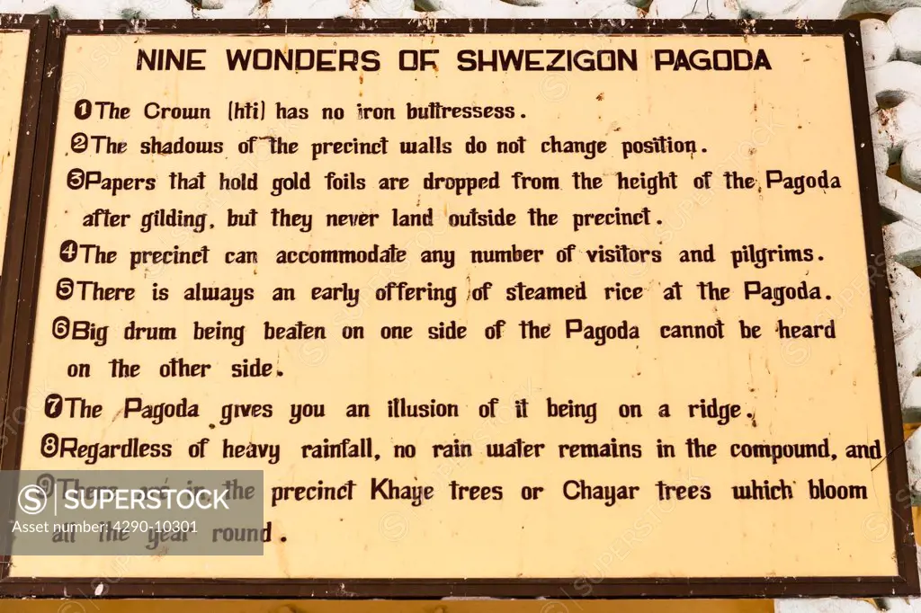 Information sign inside Shwezigon Pagoda, near Wetkyi-in and Nyaung U, Bagan, Myanmar, (Burma)