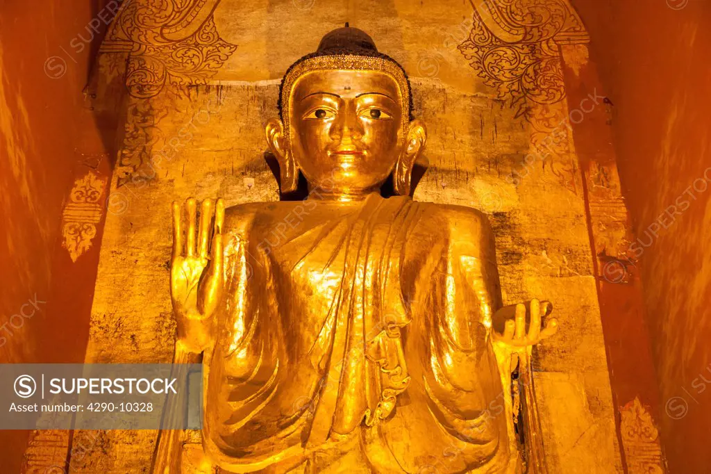 Large golden Gautama Buddha inside Ananda Temple, Old Bagan, Bagan, Myanmar, (Burma)