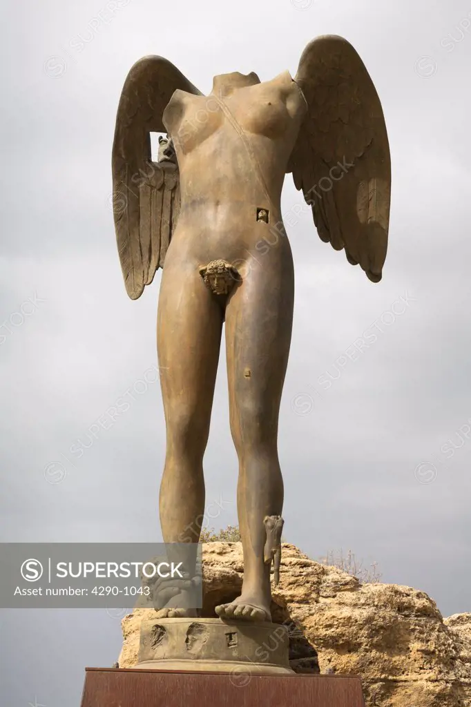 Ikaria bronze sculpture by Igor Mitoraj exhibited in Valle dei Templi, Valley Of The Temples, Agrigento, Sicily, Italy