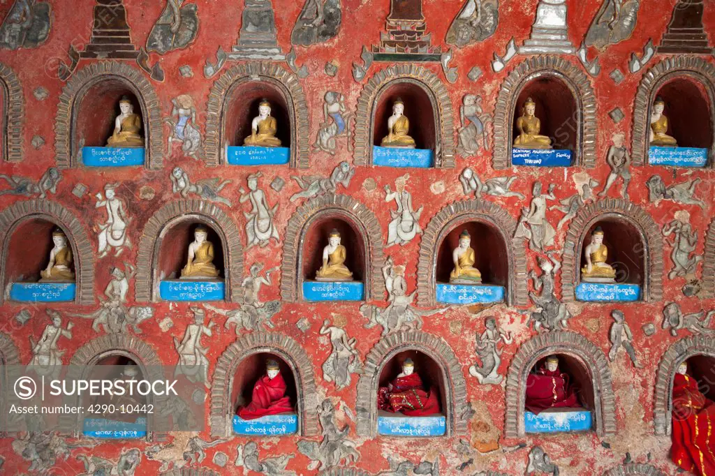 Wall at Shwe Yan Pyay Monastery, also known as Shwe Yaunghwe Monastery, Nyaung Shwe, Shan State, Myanmar, (Burma)
