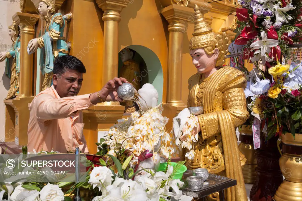 Worshipper pouring water onto a religious statue at Shwedagon Pagoda, Yangon, (Rangoon), Myanmar, (Burma)