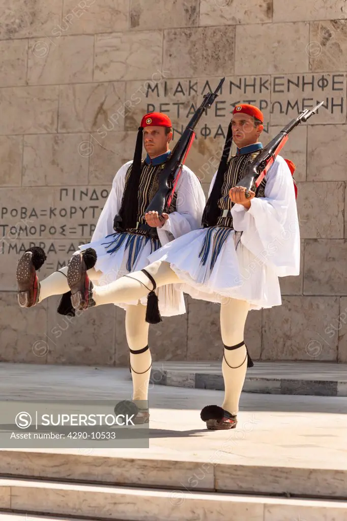 Greek soldiers marching beside Tomb of the Unknown Soldier, Parliament Building, Athens, Greece