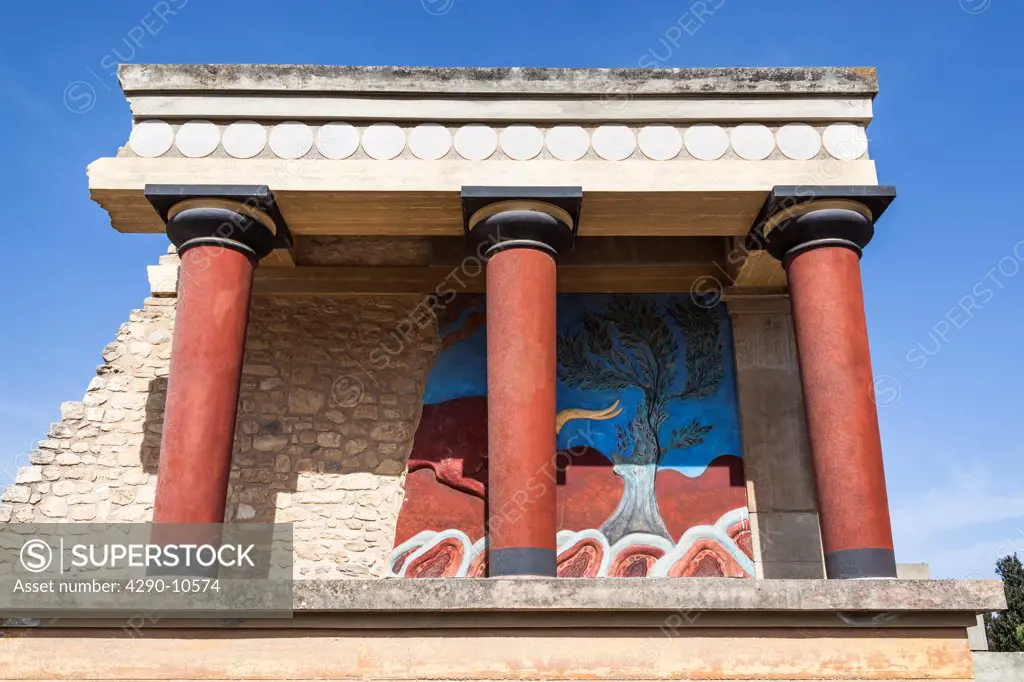 Restored north entrance with charging bull fresco at Knossos Palace, Knossos, Crete, Greece