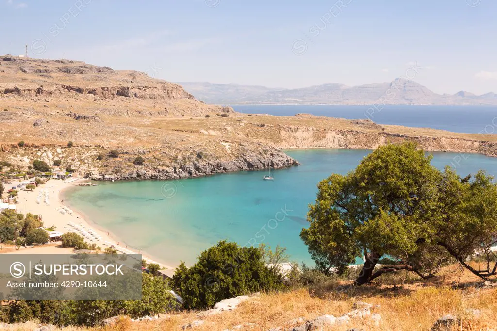 View of Lindos beach, Rhodes, Dodecanese Islands, Greece