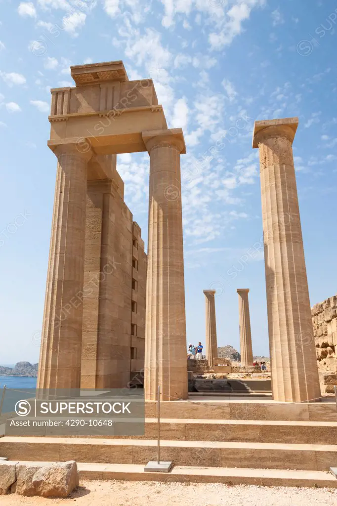 Columns of the Doric Temple of Athena Lindia at Acropolis of Lindos, Rhodes, Dodecanese Islands, Greece